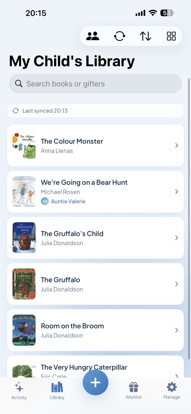 Library screen listing a child's books