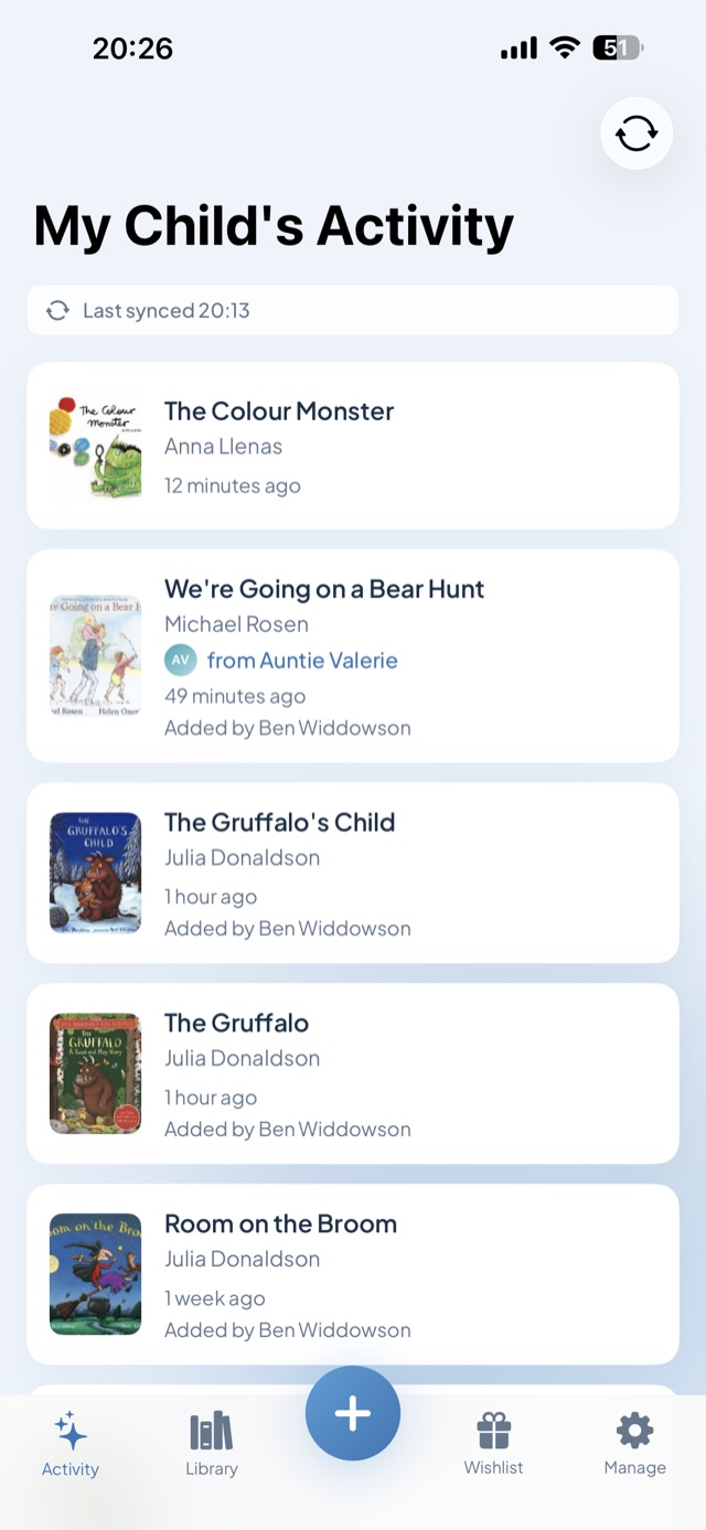 Activity feed showing recently added books and gifts