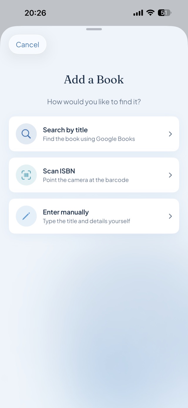 Add a Book screen with search, scan ISBN and manual options