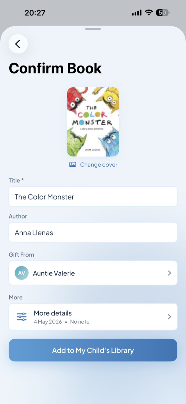 Confirm Book screen with a gift-from field