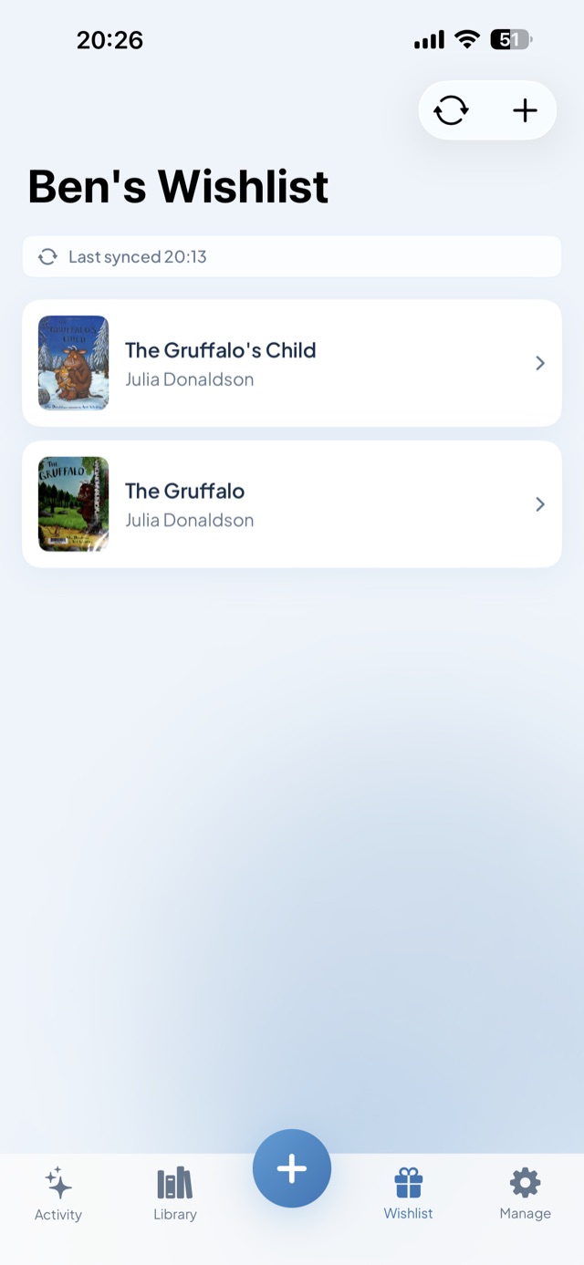 Wishlist screen with two books